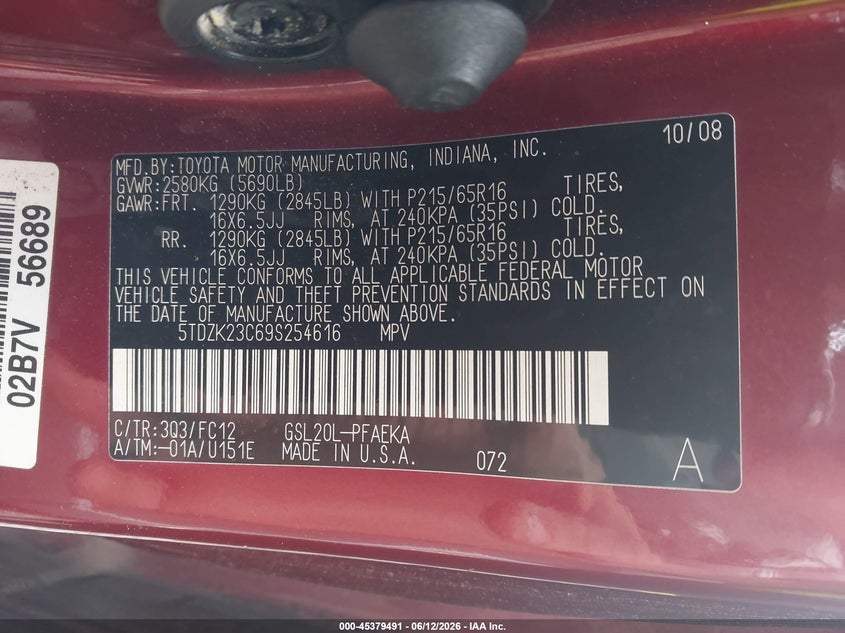 2009 Toyota Sienna VIN 5TDZK23C69S254616 IAAI salvage auction — NORMAL WEAR, Clear (New Jersey), sold $875 on 2026-07-14 (photo 9)