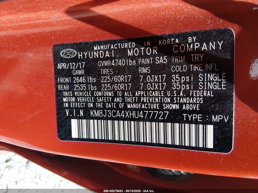 2017 Hyundai Tucson VIN KM8J3CA4XHU477727 IAAI salvage auction — SIDE, Salvage (West Virginia), sold $3,450 on 2026-07-29 (photo 9)