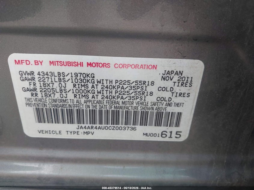 2012 Mitsubishi Outlander sport VIN JA4AR4AU0CZ003736 IAAI salvage auction — LEFT SIDE, Clear (New Jersey), sold $775 on 2026-07-24 (photo 9)