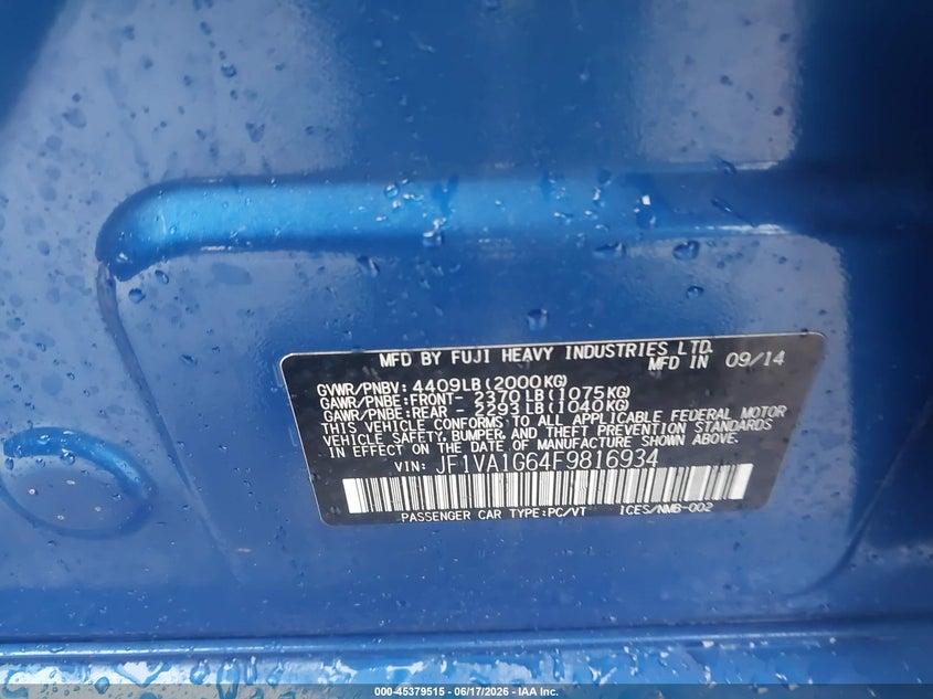2015 Subaru Wrx VIN JF1VA1G64F9816934 IAAI salvage auction — SIDE, Clear (Wisconsin), sold $2,000 on 2026-07-09 (photo 9)