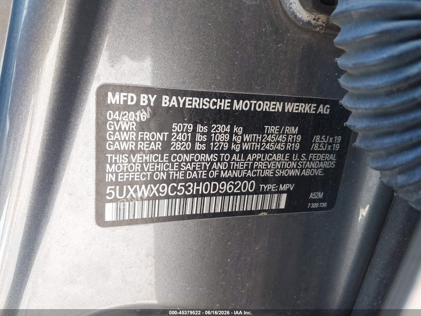 2017 BMW X3 VIN 5UXWX9C53H0D96200 IAAI salvage auction — FRONT END, Mv-907A (New York), sold $3,175 on 2026-07-14 (photo 9)
