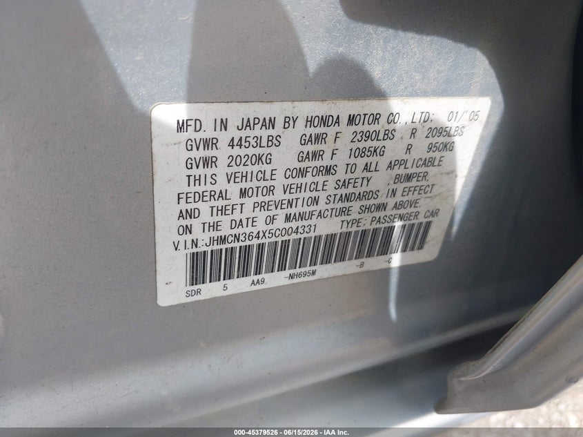 2005 Honda Accord VIN JHMCN364X5C004331 IAAI salvage auction — FRONT END, Salvage (Ohio), sold $200 on 2026-07-21 (photo 9)
