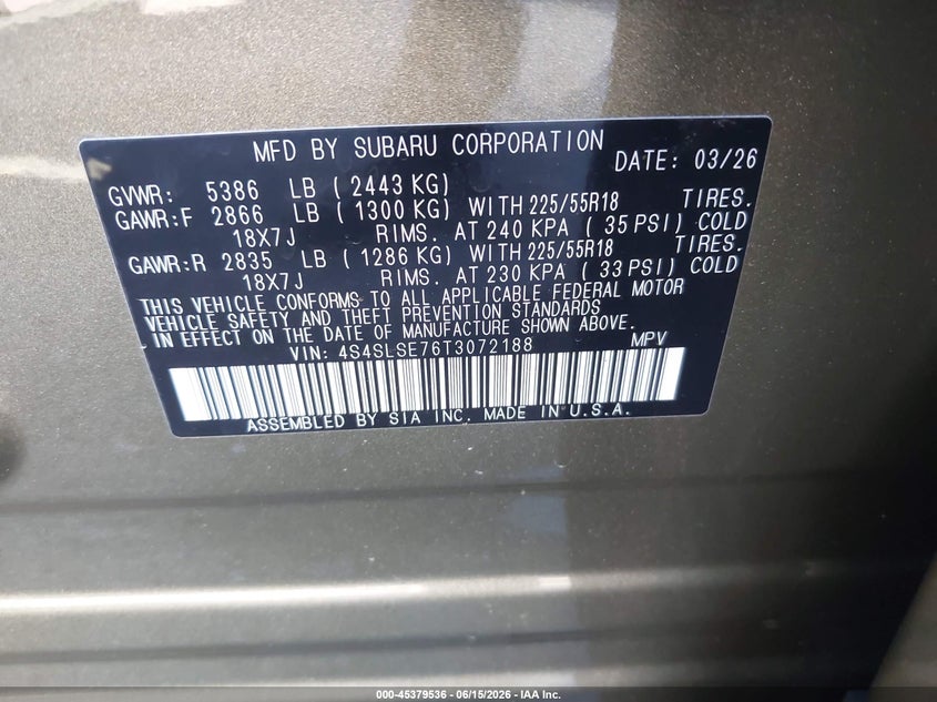 2026 Subaru Forester VIN 4S4SLSE76T3072188 IAAI salvage auction — RIGHT SIDE, Salvage Title, sold $10,100 on 2026-07-28 (photo 9)