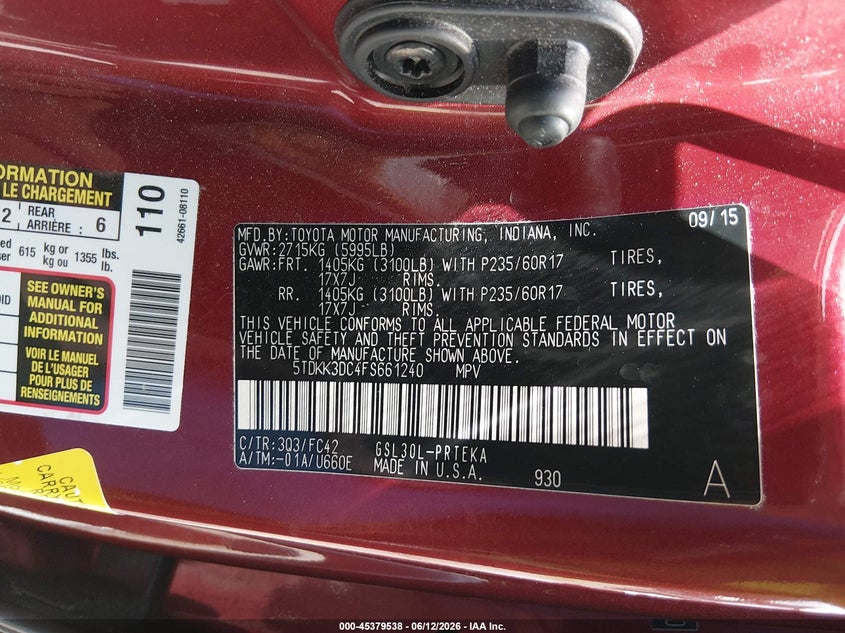 2015 Toyota Sienna VIN 5TDKK3DC4FS661240 IAAI salvage auction — FRONT END, Salvage - Greater Than 75% (Maryland), sold $2,000 on 2026-07-16 (photo 9)