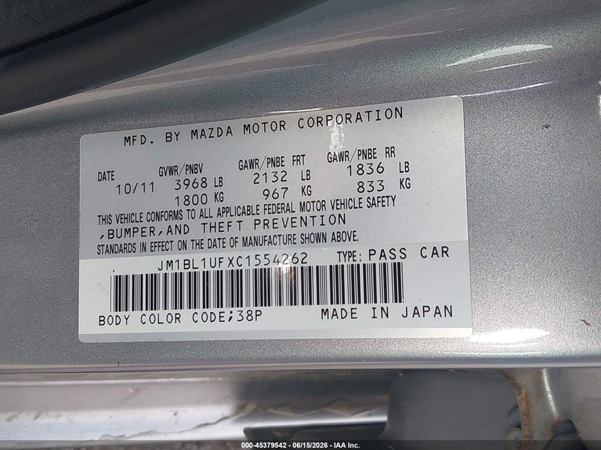 2012 Mazda 3 VIN JM1BL1UFXC1554262 IAAI salvage auction — RIGHT FRONT, Clear (Indiana), sold $1,400 on 2026-07-24 (photo 9)