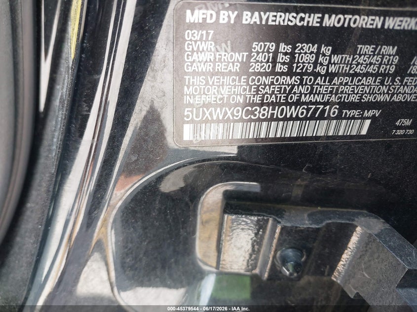 2017 BMW X3 VIN 5UXWX9C38H0W67716 IAAI salvage auction — RIGHT SIDE, Mv-907A (New York), sold $1,650 on 2026-07-21 (photo 9)