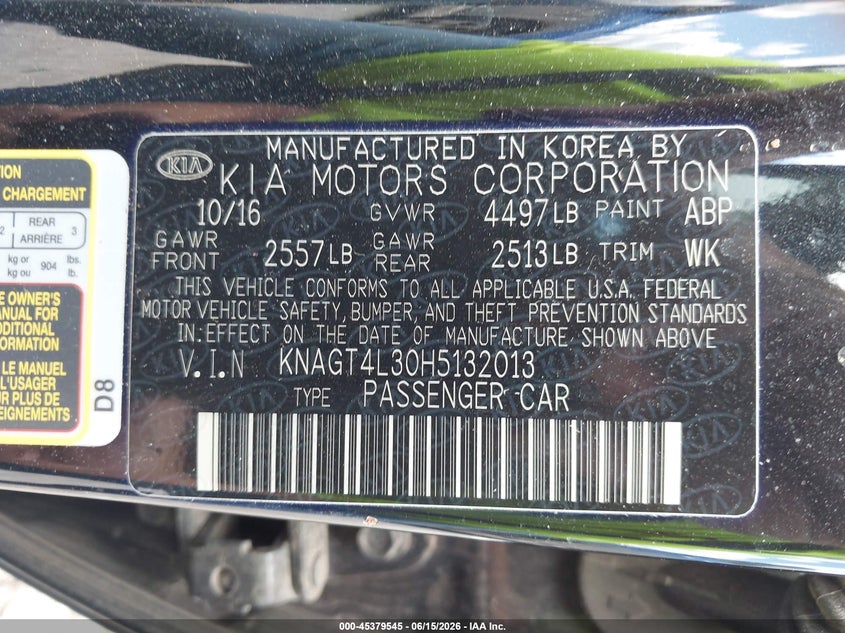 2017 Kia Optima VIN KNAGT4L30H5132013 IAAI salvage auction — FRONT END, Clear (Indiana), sold $1,775 on 2026-07-28 (photo 9)
