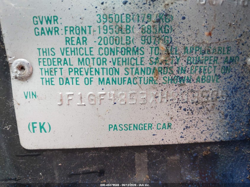 1999 Subaru Impreza VIN JF1GF4853XH803505 IAAI salvage auction — NORMAL WEAR, Original (Maine), sold $275 on 2026-07-20 (photo 9)