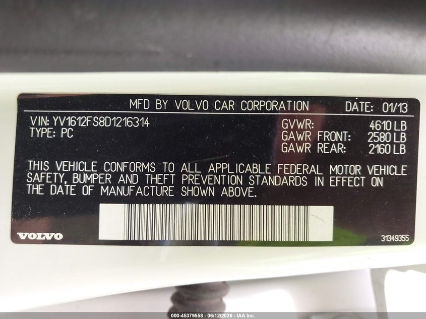 2013 Volvo S60 VIN YV1612FS8D1216314 IAAI salvage auction — NORMAL WEAR, Original (Ohio), sold $600 on 2026-07-23 (photo 9)