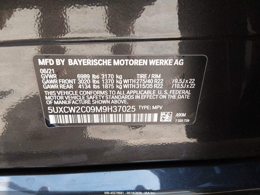 2021 BMW X7 VIN 5UXCW2C09M9H37025 IAAI salvage auction — FRONT END, Salvage (Tennessee), sold $21,800 on 2026-07-09 (photo 9)