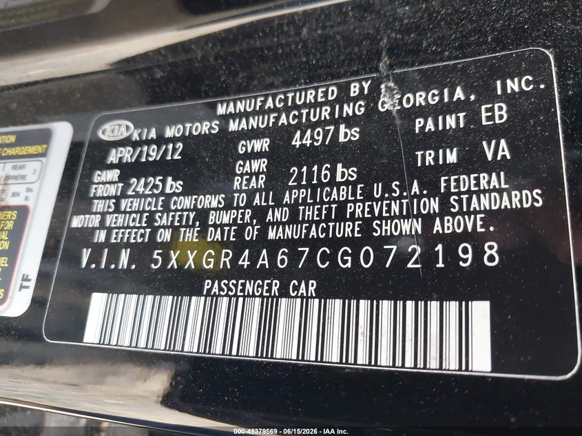 2012 Kia Optima VIN 5XXGR4A67CG072198 IAAI salvage auction — LEFT FRONT, Salvage Title, sold $1,200 on 2026-07-30 (photo 9)