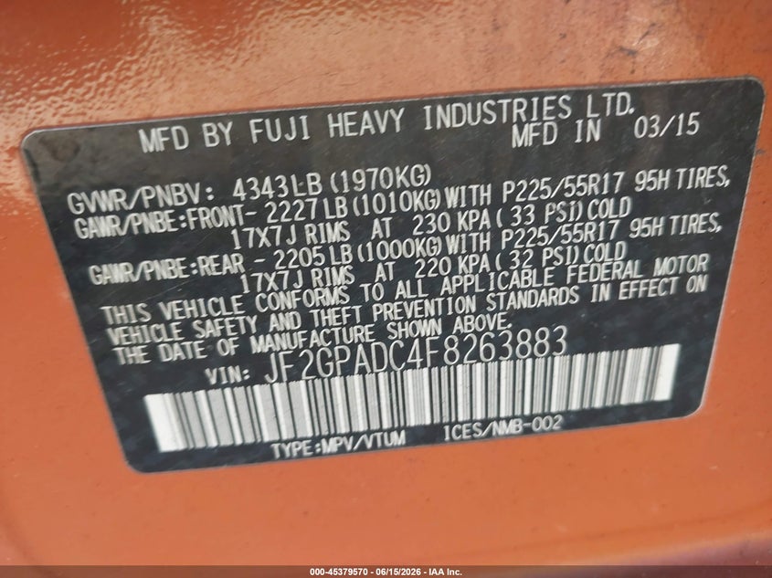 2015 Subaru Xv VIN JF2GPADC4F8263883 IAAI salvage auction — NORMAL WEAR, Clear (North Carolina), sold $600 on 2026-07-13 (photo 9)