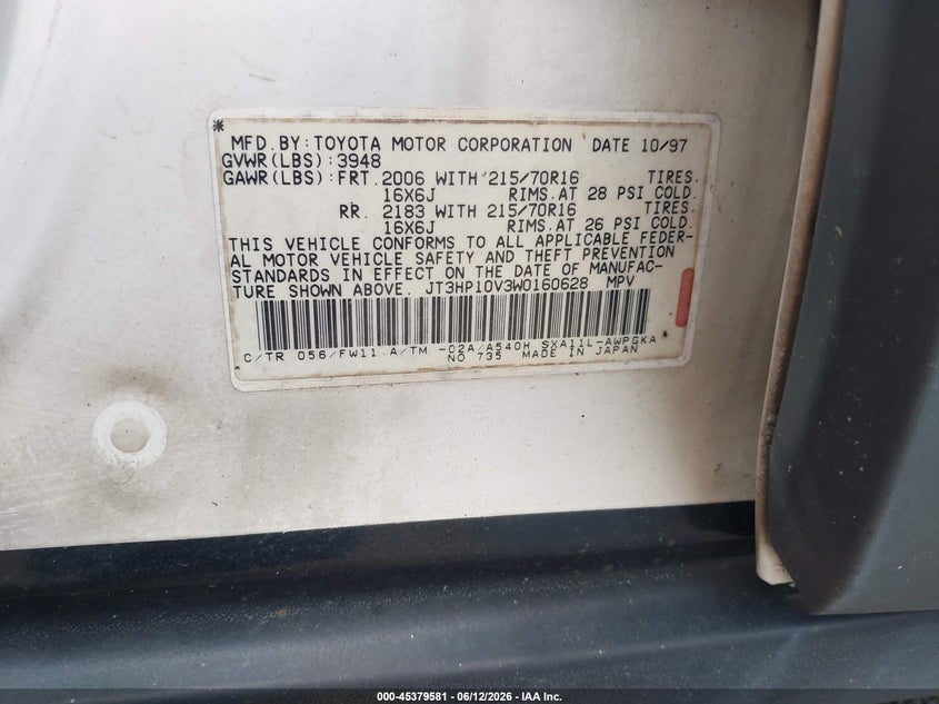 1998 Toyota Rav4 VIN JT3HP10V3W0160628 IAAI salvage auction — NORMAL WEAR, Clear (Pennsylvania), sold $2,150 on 2026-07-31 (photo 9)