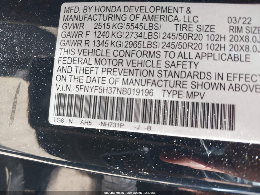 2022 Honda Pilot VIN 5FNYF5H37NB019196 IAAI salvage auction — FRONT & REAR, Salvage Title, sold $3,600 on 2026-09-05 (photo 9)