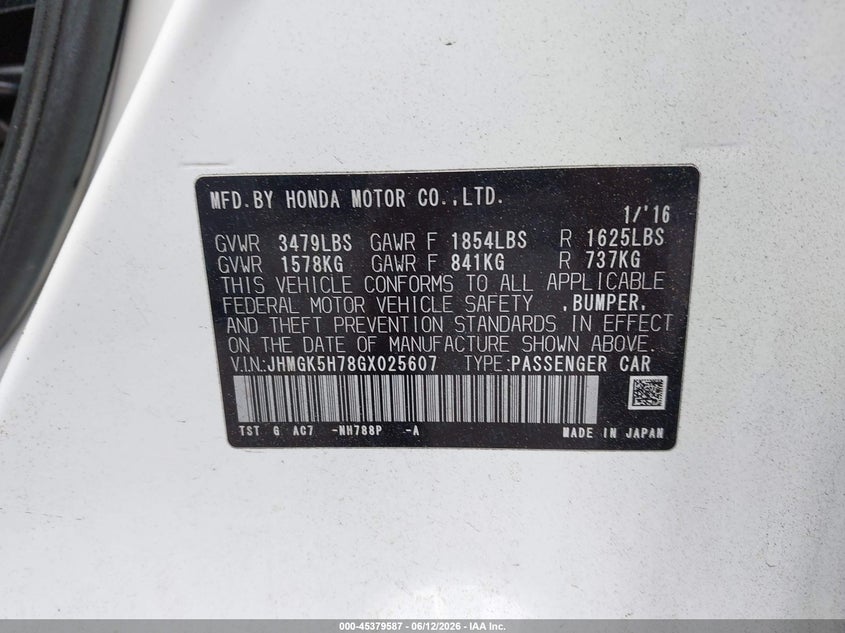 2016 Honda Fit VIN JHMGK5H78GX025607 IAAI salvage auction — FRONT END, Rebuildable (Florida), sold $1,125 on 2026-07-14 (photo 9)