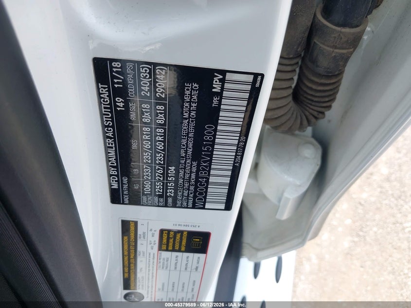 2019 Mercedes-benz VIN WDC0G4JB2KV151800 IAAI salvage auction — FRONT END, Salvage Title, sold $4,675 on 2026-07-17 (photo 9)