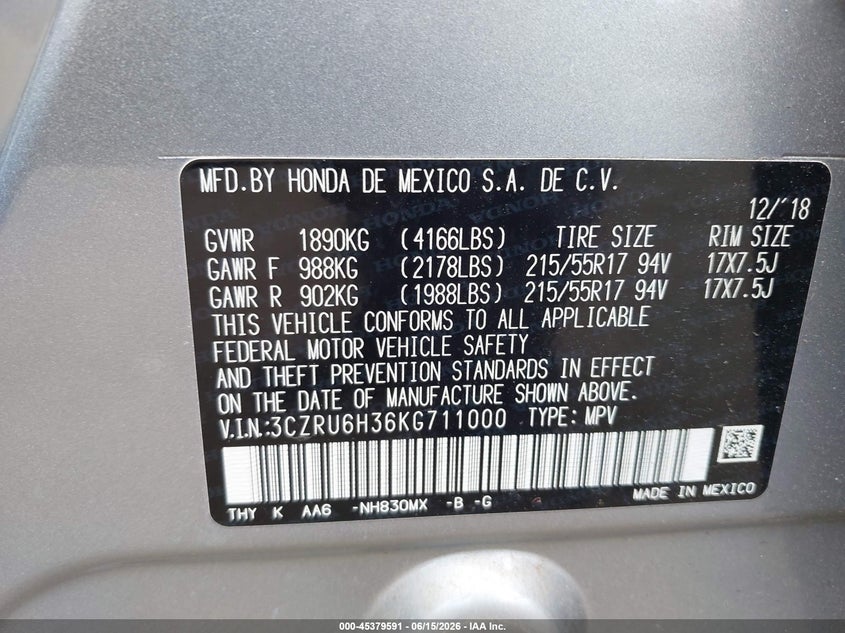 2019 Honda Hr-v VIN 3CZRU6H36KG711000 IAAI salvage auction — FRONT END, Salvage (Idaho), sold $2,850 on 2026-07-09 (photo 9)