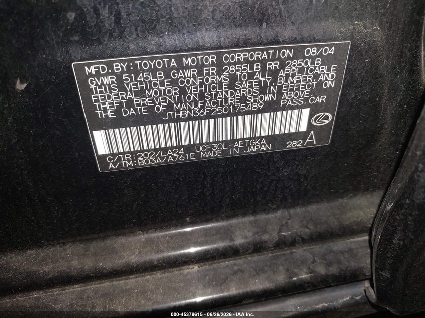 2005 Lexus Ls VIN JTHBN36F250175489 IAAI salvage auction — LEFT SIDE, Clear (Virginia), sold $700 on 2026-07-23 (photo 9)