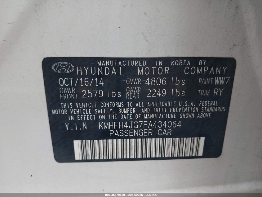 2015 Hyundai Azera VIN KMHFH4JG7FA434064 IAAI salvage auction — REAR END, Mv-907A (New York), sold $875 on 2026-07-23 (photo 9)