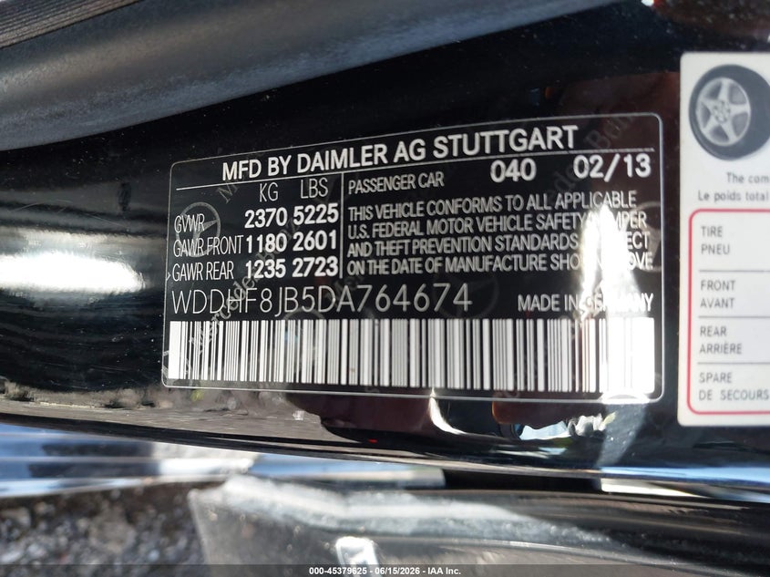 2013 Mercedes-benz E-klasse VIN WDDHF8JB5DA764674 IAAI salvage auction — FRONT END, Clear (Michigan), sold $2,275 on 2026-07-30 (photo 9)