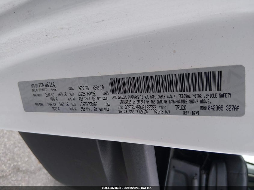 2018 Ram Promaster 1500 VIN 3C6TRVAG9JE138583 IAAI salvage auction — NORMAL WEAR, Sf97 (Maryland), sold $14,075 on 2026-08-18 (photo 9)