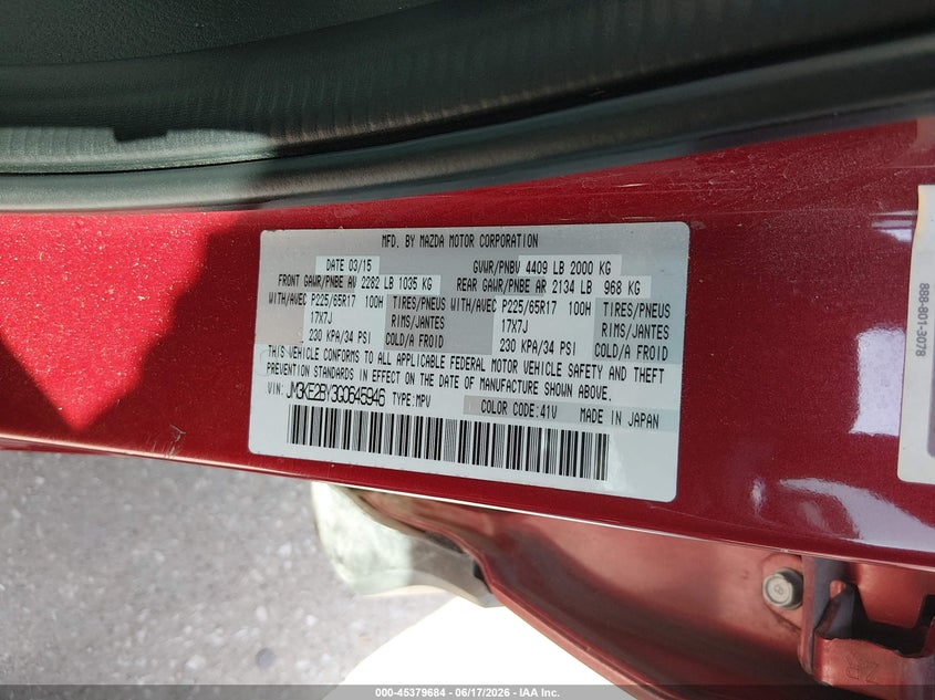 2016 Mazda Cx-5 VIN JM3KE2BY3G0645946 IAAI salvage auction — NORMAL WEAR, Clear (Florida), sold $2,300 on 2026-07-20 (photo 9)