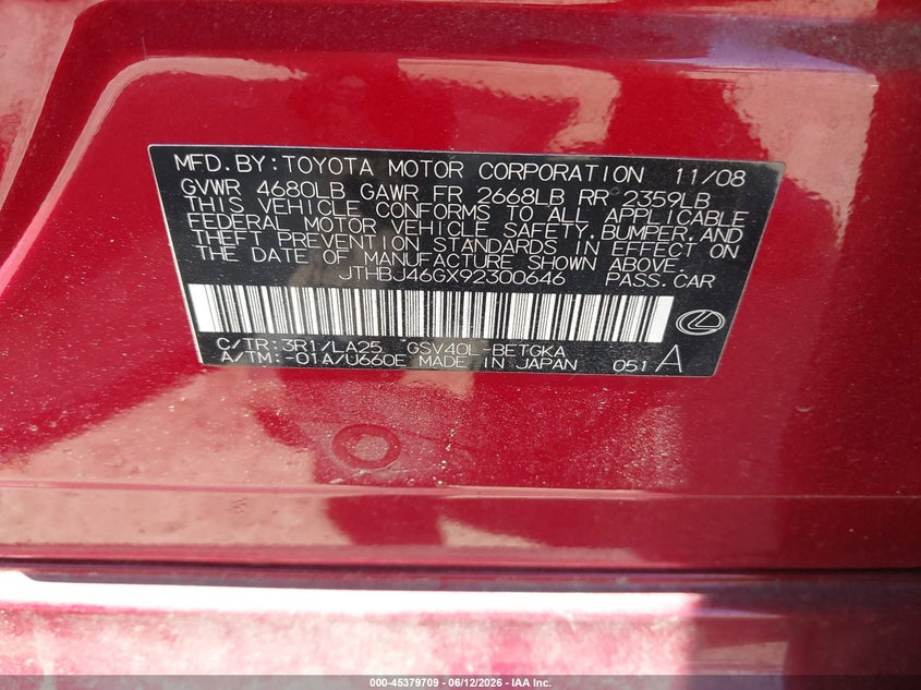 2009 Lexus Es 350 VIN JTHBJ46GX92300646 IAAI salvage auction — LEFT REAR, Clear (Virginia), sold $675 on 2026-07-10 (photo 9)