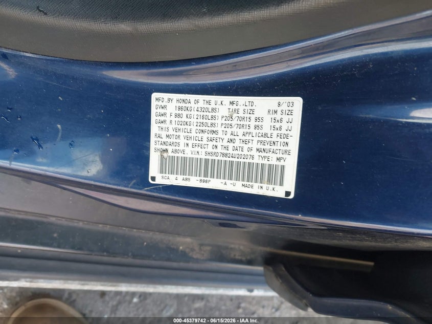 2004 Honda Cr-v VIN SHSRD78824U202076 IAAI salvage auction — FRONT END, Clear (Virginia), sold $25 on 2026-07-07 (photo 9)