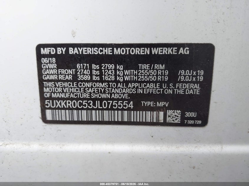 2018 BMW X5 VIN 5UXKR0C53JL075554 IAAI salvage auction — REAR END, Salvage (Rhode Island), sold $2,800 on 2026-07-28 (photo 9)