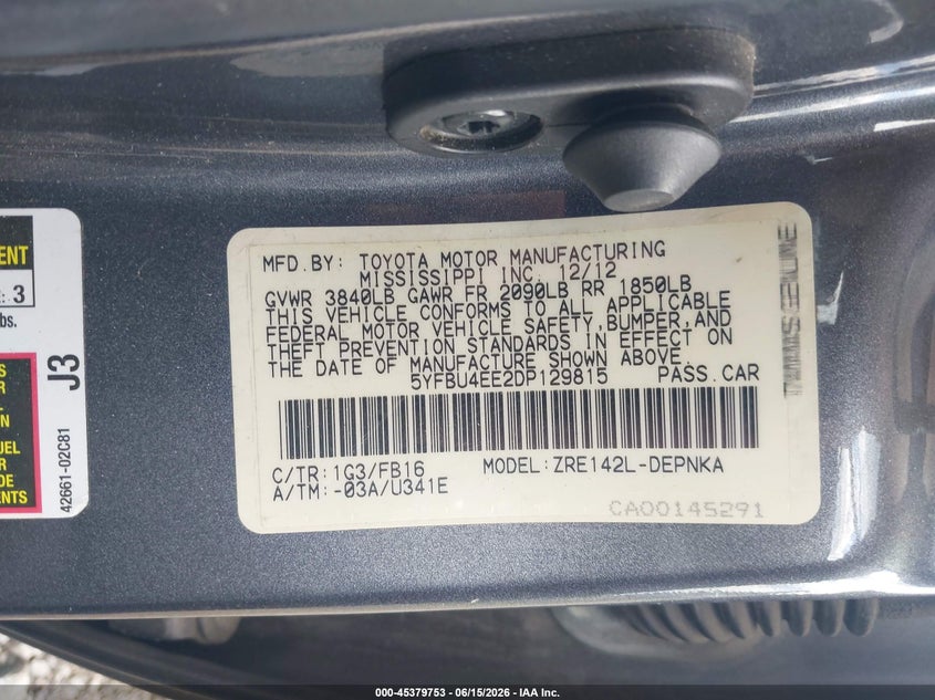 2013 Toyota Corolla VIN 5YFBU4EE2DP129815 IAAI salvage auction — FRONT END, Salvage Title, sold $1,600 on 2026-07-21 (photo 9)