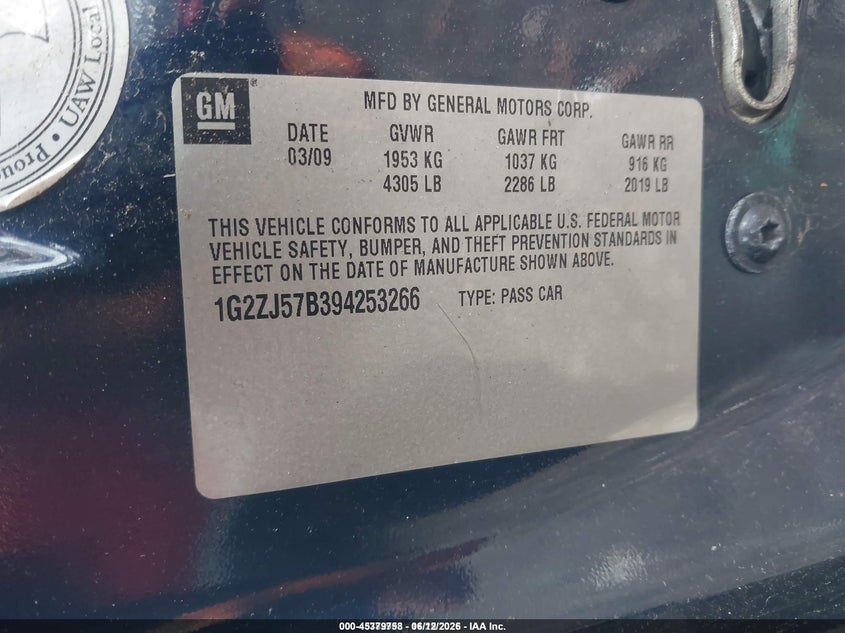 2009 Pontiac G6 new VIN 1G2ZJ57B394253266 IAAI salvage auction — FRONT END, Salvage (Idaho), sold $425 on 2026-07-07 (photo 9)