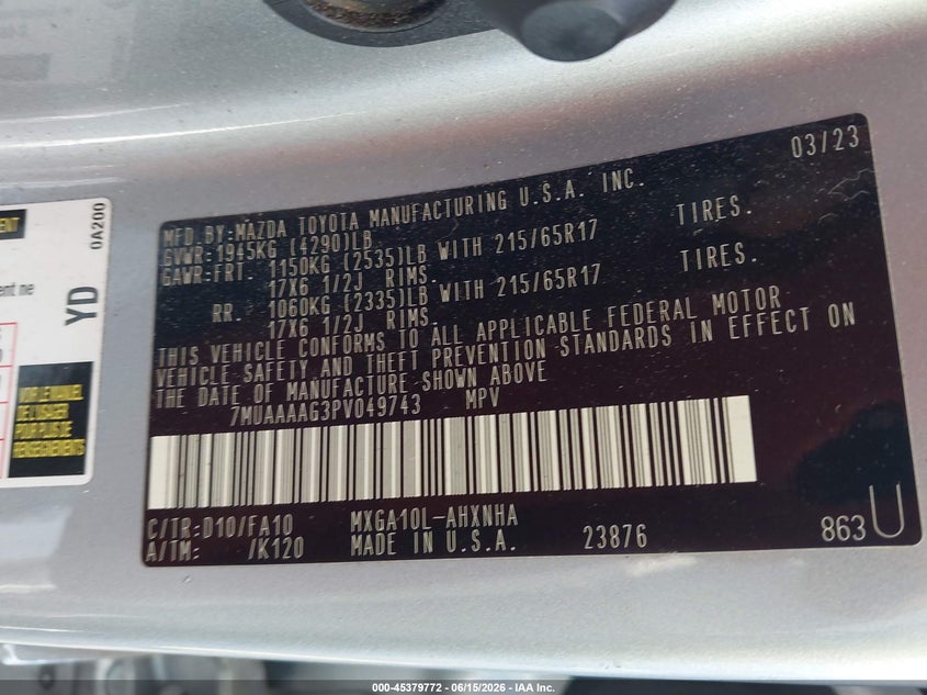 2023 Toyota Corolla cross VIN 7MUAAAAG3PV049743 IAAI salvage auction — LEFT & RIGHT, Salvage Title, sold $1,250 on 2026-07-30 (photo 9)