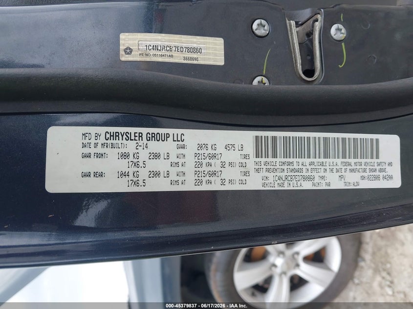 2014 Jeep Patriot VIN 1C4NJRCB7ED780860 IAAI salvage auction — NORMAL WEAR, Repossession Paperwork (Georgia), sold $325 on 2026-07-18 (photo 9)