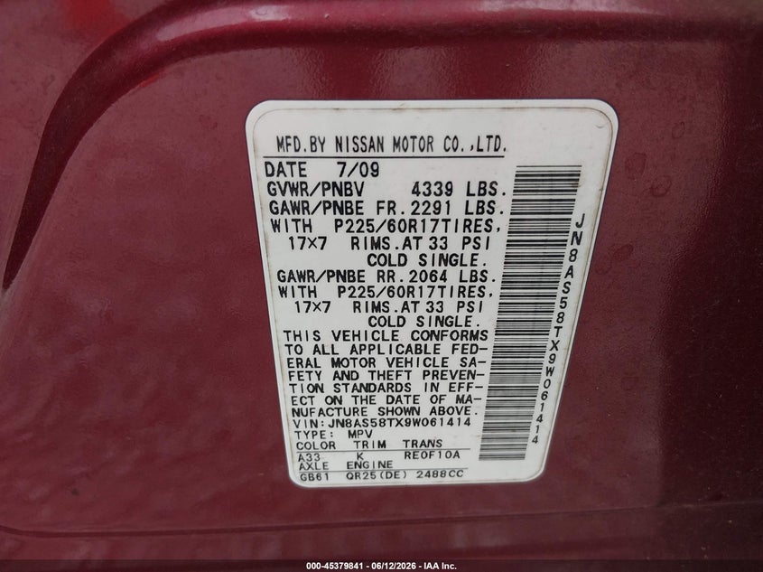 2009 Nissan Rogue VIN JN8AS58TX9W061414 IAAI salvage auction — FRONT END, Salvage (Alabama), sold $25 on 2026-07-06 (photo 9)