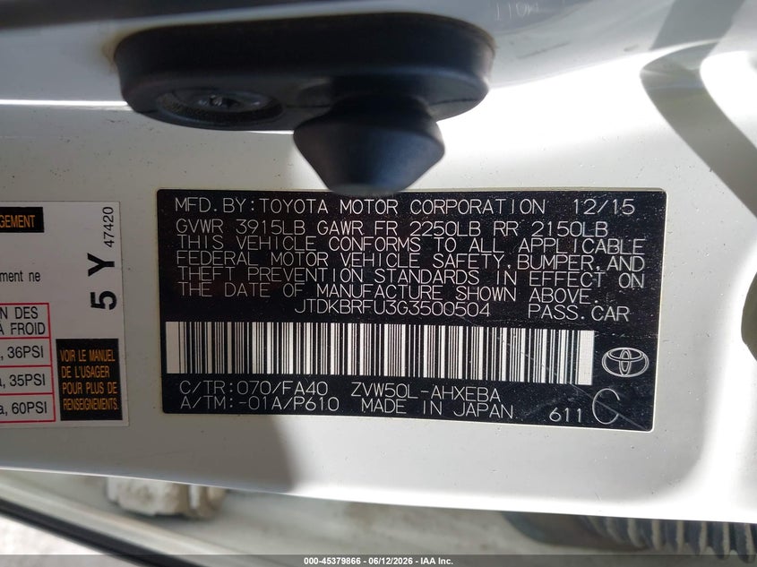 2016 Toyota Prius VIN JTDKBRFU3G3500504 IAAI salvage auction — NORMAL WEAR, Clear (Missouri), sold $3,800 on 2026-07-22 (photo 9)