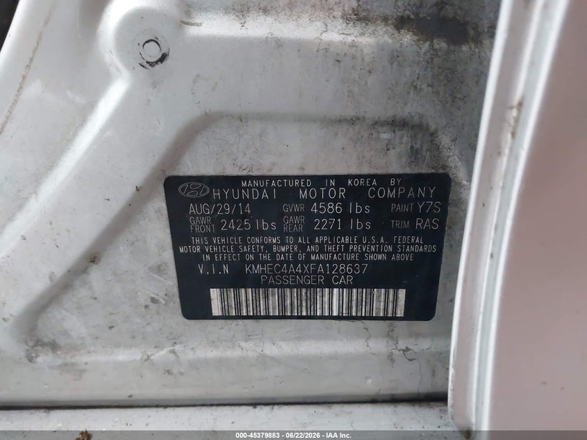 2015 Hyundai Sonata hybrid VIN KMHEC4A4XFA128637 IAAI salvage auction — NORMAL WEAR, Clear (Mississippi), sold $425 on 2026-07-28 (photo 9)