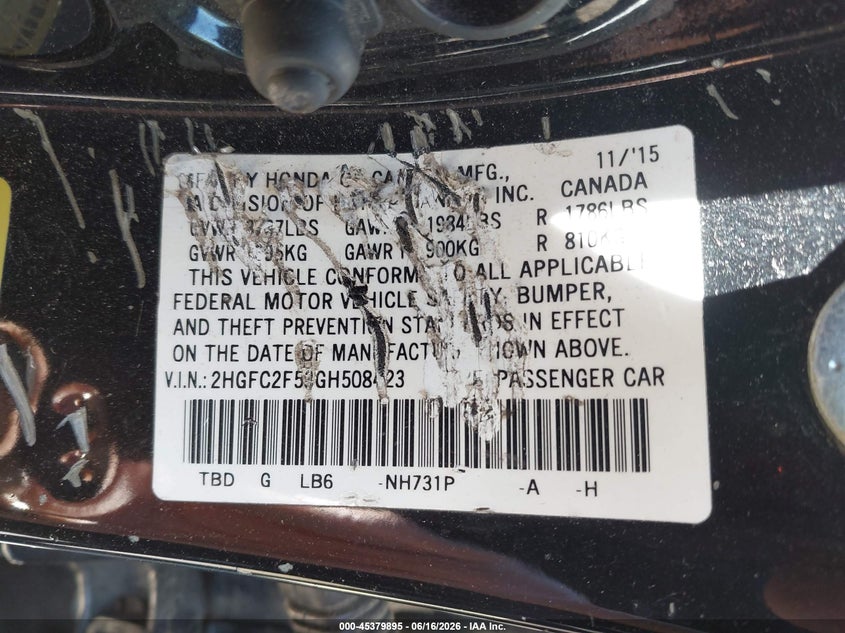 2016 Honda Civic VIN 2HGFC2F53GH508423 IAAI salvage auction — SIDE, Salvage - Greater Than 75% (Maryland), sold $1,800 on 2026-07-31 (photo 9)