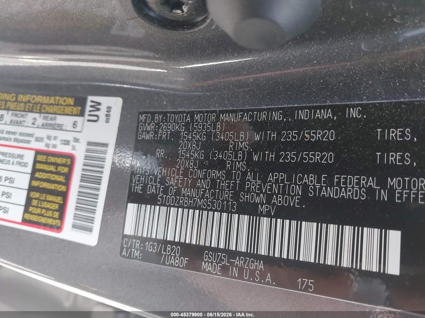 2021 Toyota Highlander VIN 5TDDZRBH7MS530113 IAAI salvage auction — SUSPENSION, Salvage (Wisconsin), sold $8,900 on 2026-07-28 (photo 9)