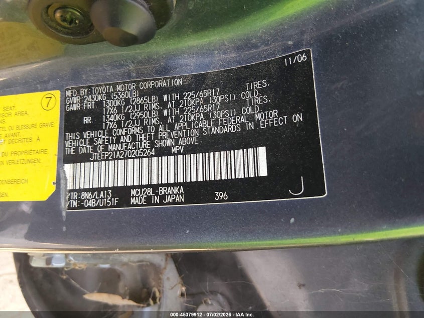 2007 Toyota Highlander VIN JTEEP21A270205264 IAAI salvage auction — NORMAL WEAR, Repossession Paperwork (South Carolina), sold $775 on 2026-07-14 (photo 9)