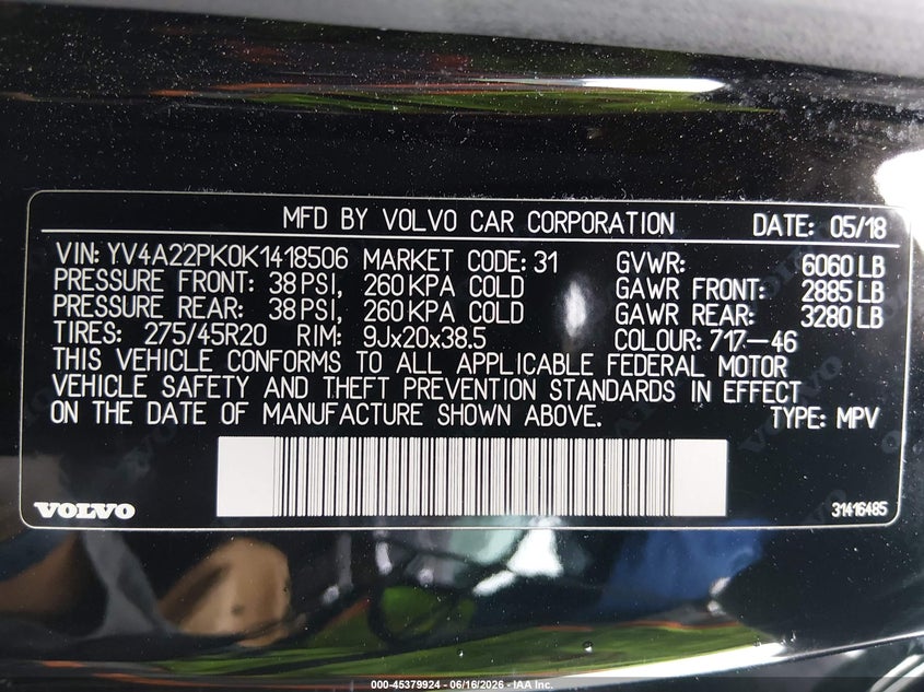 2019 Volvo Xc90 VIN YV4A22PK0K1418506 IAAI salvage auction — FRONT END, Salvage (Georgia), sold $6,350 on 2026-08-20 (photo 9)