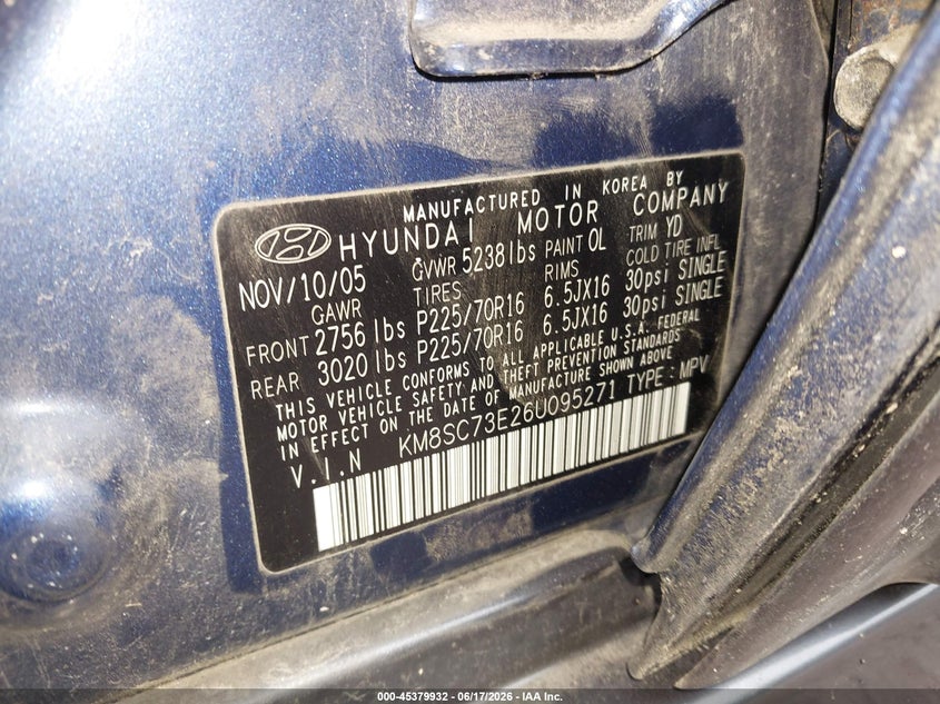 2006 Hyundai Santa fe VIN KM8SC73E26U095271 IAAI salvage auction — FRONT END, Junk Bill Of Sale Mv2459 (Wisconsin), sold $325 on 2026-07-15 (photo 9)