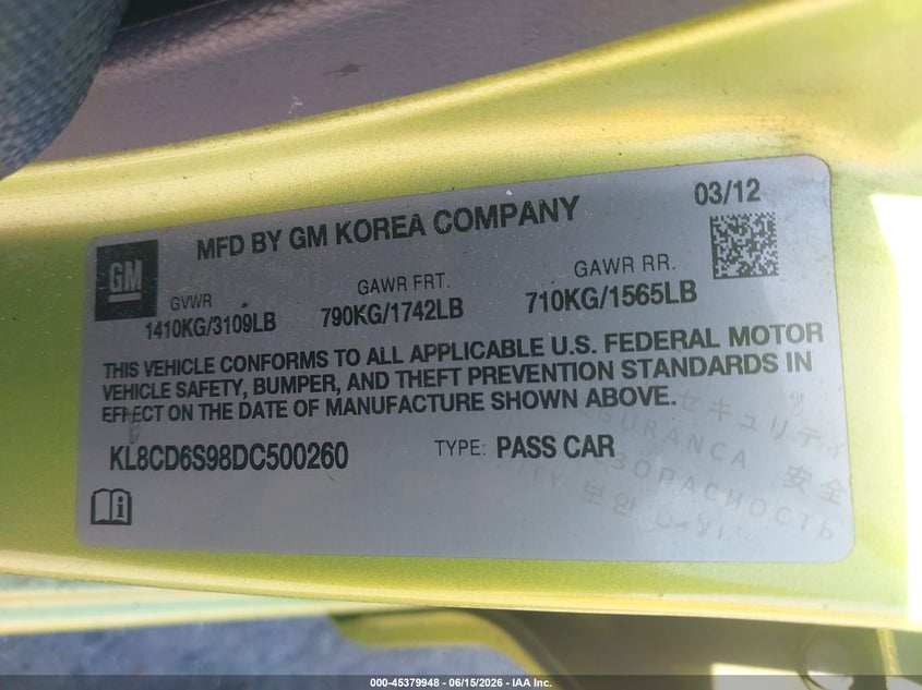 2013 Chevrolet Spark VIN KL8CD6S98DC500260 IAAI salvage auction — NORMAL WEAR, Clear (Maryland), sold $475 on 2026-07-14 (photo 9)