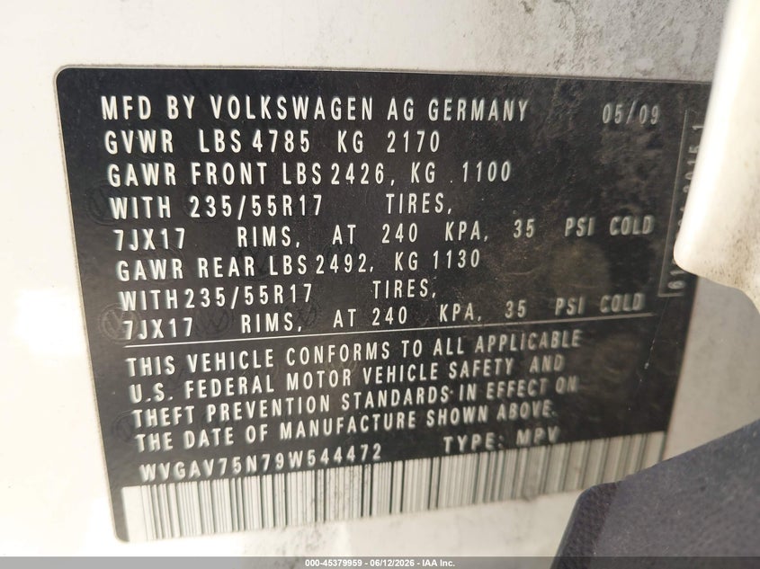 2009 Volkswagen Tiguan VIN WVGAV75N79W544472 IAAI salvage auction — NORMAL WEAR, Clear (Missouri), sold $400 on 2026-07-14 (photo 9)