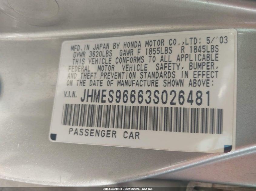 2003 Honda Civic hybrid VIN JHMES96663S026481 IAAI salvage auction — REAR END, Clear (Virginia), sold $125 on 2026-07-08 (photo 9)