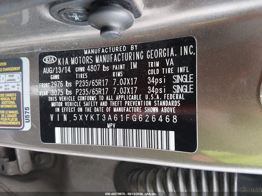 2015 Kia Sorento VIN 5XYKT3A61FG626468 IAAI salvage auction — SUSPENSION, Clear (Tennessee), sold $900 on 2026-07-16 (photo 9)