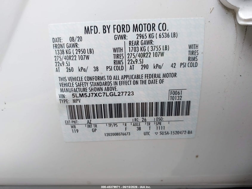 2020 Lincoln Aviator VIN 5LM5J7XC7LGL27723 IAAI salvage auction — FRONT END, Salvage (Tennessee), sold $10,500 on 2026-07-15 (photo 9)