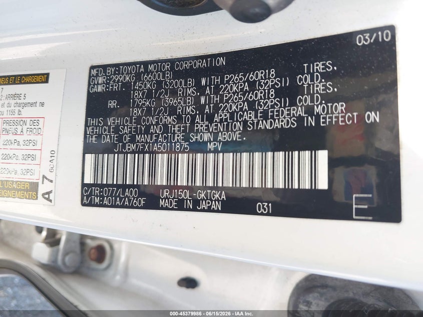 2010 Lexus Gx 460 VIN JTJBM7FX1A5011875 IAAI salvage auction — ROOF, Mv-907A (New York), sold $5,300 on 2026-07-07 (photo 9)