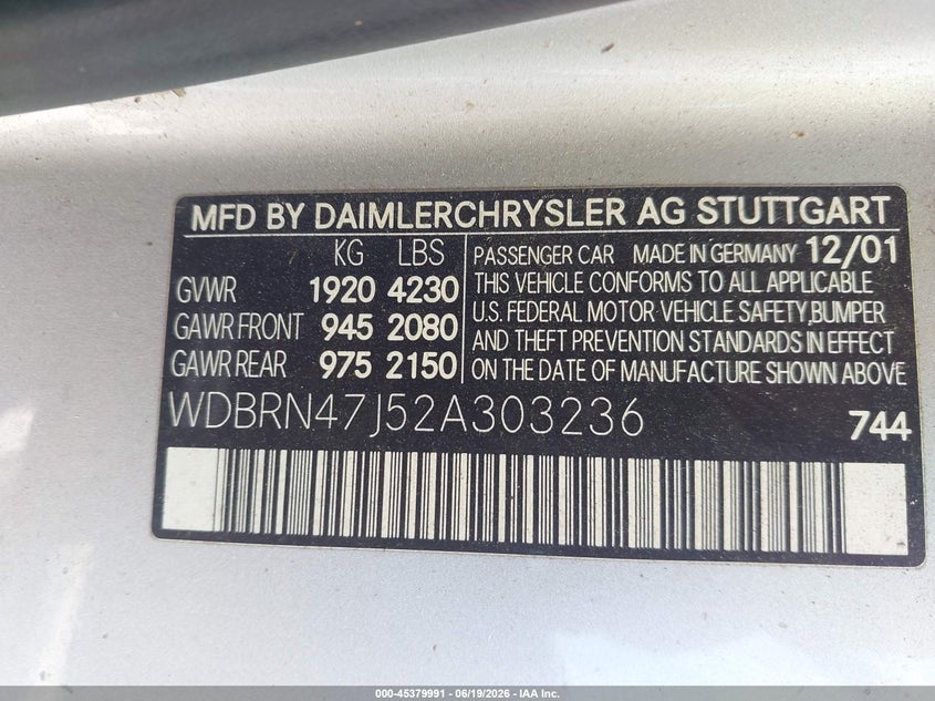 2002 Mercedes-benz C class VIN WDBRN47J52A303236 IAAI salvage auction — NORMAL WEAR, Original (Ohio), sold $325 on 2026-07-07 (photo 9)
