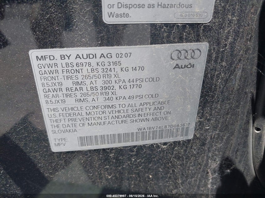 2007 Audi Q7 VIN WA1BV74L87D083617 IAAI salvage auction — NORMAL WEAR, Clear (Illinois), sold $500 on 2026-07-20 (photo 9)