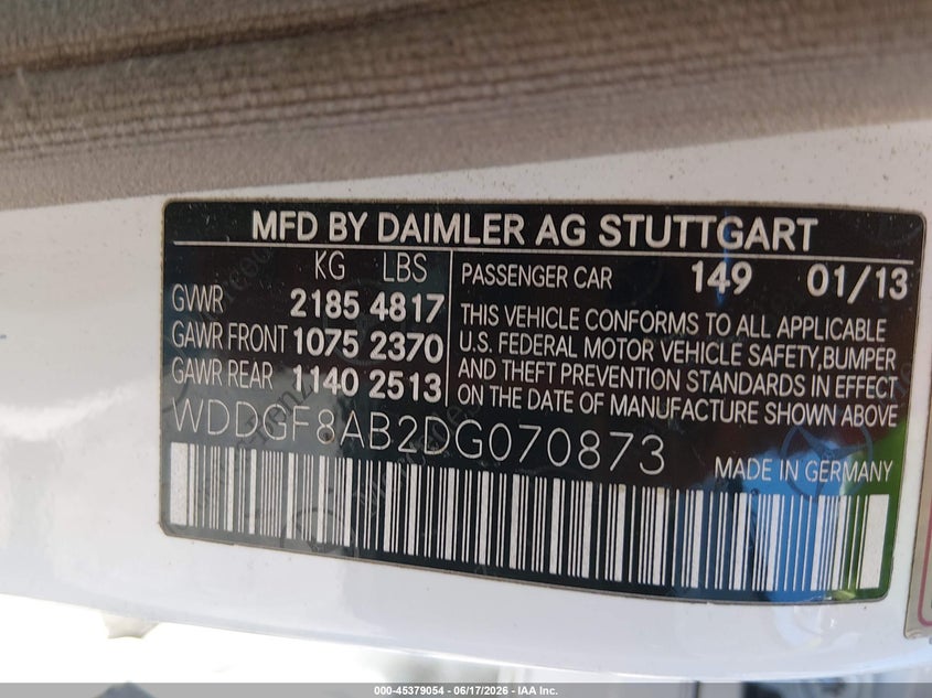 2013 Mercedes-benz C class VIN WDDGF8AB2DG070873 IAAI salvage auction — NORMAL WEAR, Clear (Tennessee), sold $2,675 on 2026-07-16 (photo 8)